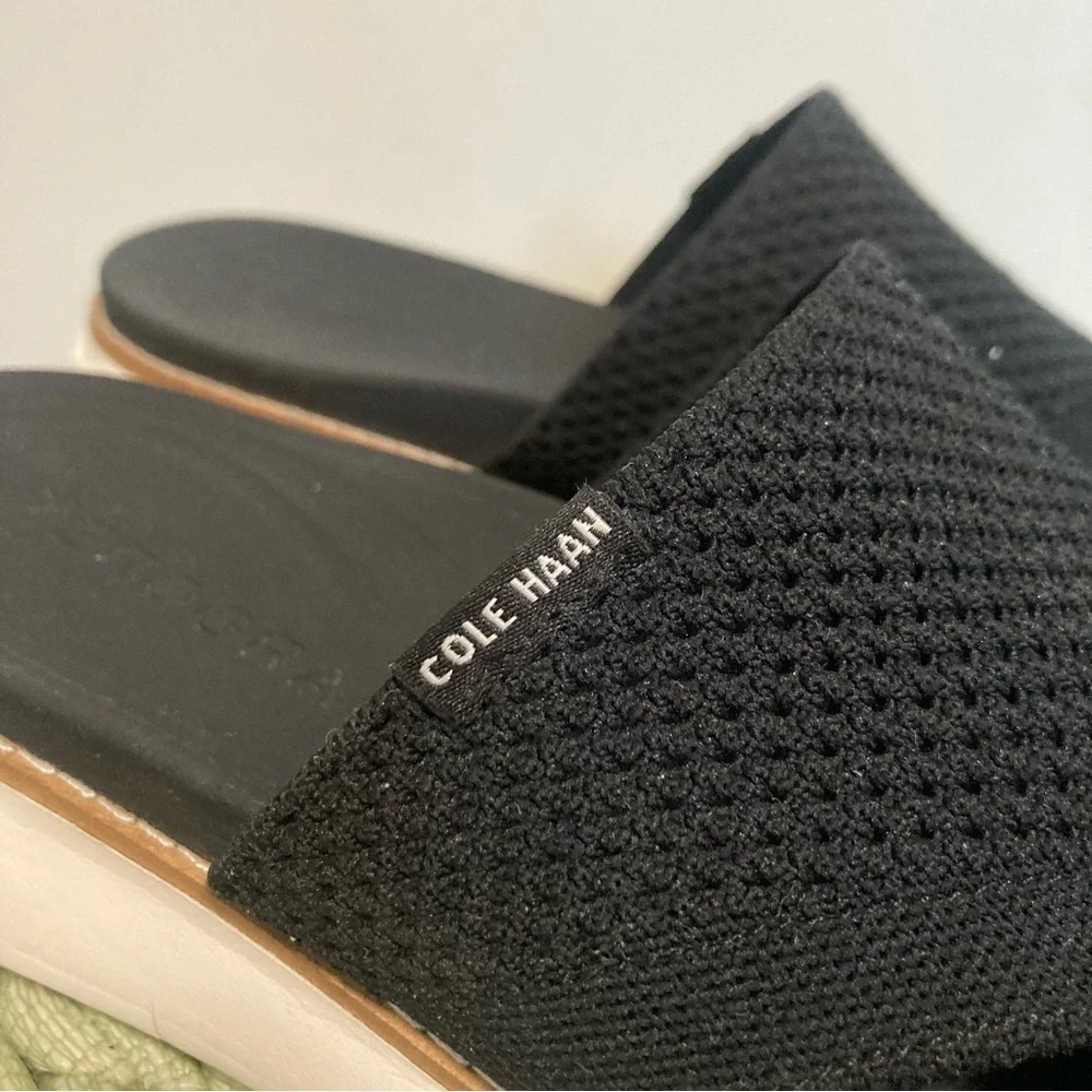 Cole Haan Zerogrand Global Stitchlite Slip On Sandal BLACK Knit/Pecan Leather